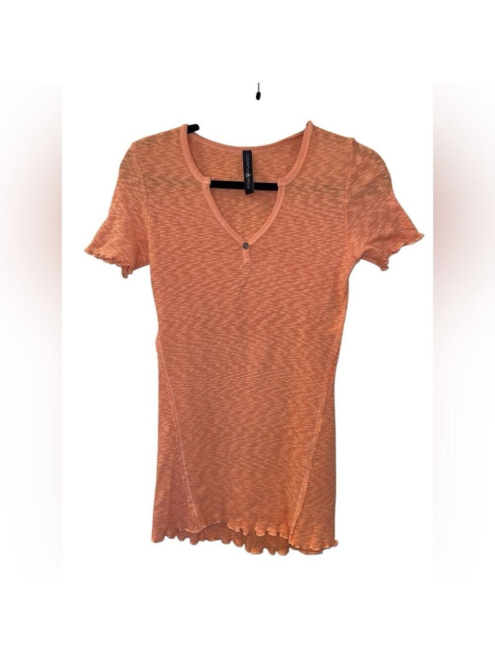 STONE FLOWERS Women’s Orange Short Sleeve V-neck Ribbed Shirt Tee Size: XS